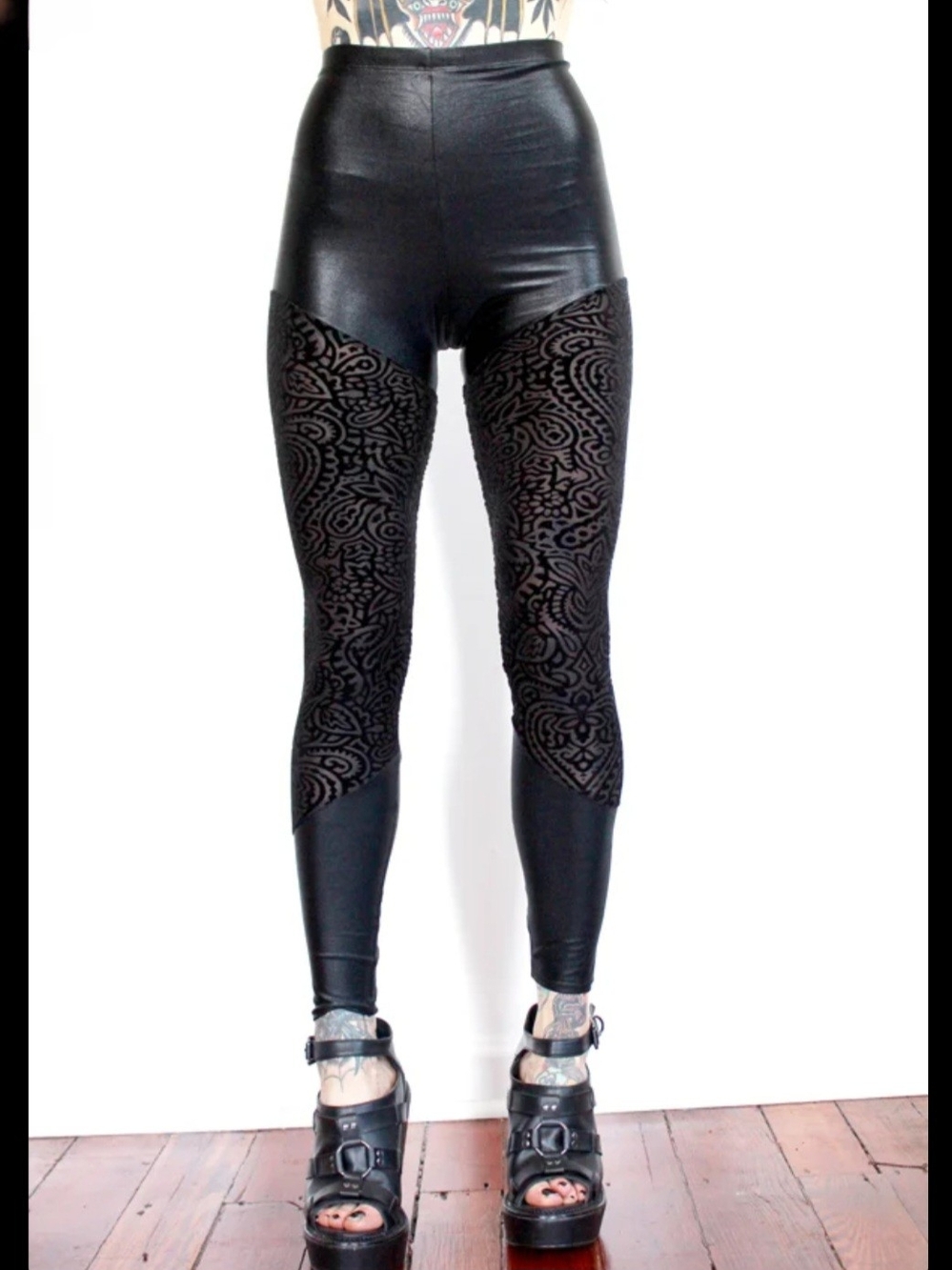 High-Rise Black Wet Look Spandex Leggings with Burnout Velvet Panels